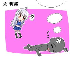 1boy 1girl ? ahoge bandages blue_skirt blue_tank_top boots child defeat grey_hair grin hagetarosan highres japanese_text long_hair navel petite saliva skirt smile speech_bubble spoken_question_mark tank_top thought_bubble