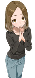 1girl absurdres black_shirt blue_pants brown_hair closed_mouth denim forehead hair_ornament hairclip highres jeans long_sleeves looking_at_viewer original pants shirt simple_background smile solo standing white_background yamamoto_souichirou