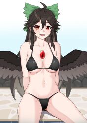 1girl absurdres ahoge bikini black_bikini blush bow breasts brown_hair cleavage commentary english_commentary hair_between_eyes hair_bow highres kuon_bb large_breasts linea_alba long_hair looking_at_viewer navel open_mouth orange_eyes reiuji_utsuho sitting smile solo swimsuit third_eye third_eye_on_chest touhou very_long_hair wings
