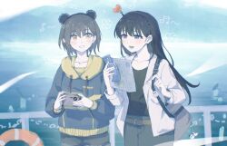 2girls absurdres bag_charm bang_dream! bang_dream!_it&#039;s_mygo!!!!! black_hair black_shirt blue_hoodie blush brh brown_background brown_eyes camera charm_(object) chinese_commentary collarbone commentary_request grey_bag grey_hair grey_shorts hairband heart highres holding holding_camera hood hood_down hoodie jacket lifebuoy long_hair long_sleeves lower_teeth_only mole mole_under_eye multiple_girls open_mouth purple_eyes railing shiina_taki shirt short_hair shorts swim_ring takamatsu_tomori teeth white_jacket