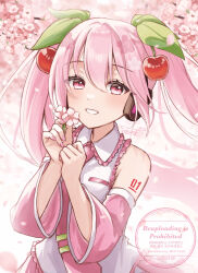 1girl bare_shoulders blurry blurry_foreground cherry_blossoms cherry_hair_ornament collared_shirt detached_sleeves double-parted_bangs falling_petals flower food-themed_hair_ornament frilled_shirt frilled_shirt_collar frills from_above grin hair_between_eyes hair_ornament hands_up hatsune_miku headphones highres long_hair long_sleeves looking_at_viewer miku_day necktie number_tattoo petals pink_eyes pink_flower pink_hair pink_nails pink_necktie pink_petals pink_skirt pink_sleeves pink_theme pink_trim sakura_miku shirt shoulder_tattoo simple_background skirt sleeveless sleeveless_shirt smile solo tattoo tie_clip twintails upper_body usui_muu very_long_hair vocaloid watermark white_background white_shirt white_trim wide_sleeves wind