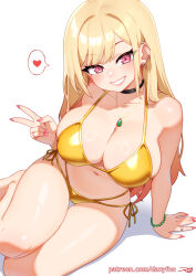 1girl barbell_piercing bead_bracelet beads bikini black_choker blonde_hair bracelet breasts choker cleavage danyfoo ear_piercing earrings gold_bikini gold_necklace grin heart highres jewelry kitagawa_marin large_breasts long_hair looking_at_viewer navel necklace piercing pink_nails red_eyes ring simple_background sitting smile solo sono_bisque_doll_wa_koi_wo_suru spoken_heart stomach swimsuit thigh_gap thighs v very_long_hair white_background