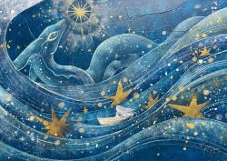 1girl abstract blue_background blue_theme boat good_night_1077 long_hair monster monster_focus ocean original painterly painting_(medium) ringed_eyes sea_serpent star_(sky) star_(symbol) surreal traditional_media twitter_username watercraft waves