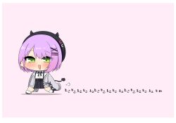 1girl beret black_hat black_shoes black_skirt blush cardigan chibi chibi_only collared_shirt cross-laced_clothes cross-laced_sleeves demon_girl demon_tail fake_horns fang frilled_shirt frills full_body gradient_hair green_eyes grey_cardigan hair_ornament hairclip hat hololive horned_headwear horns looking_at_viewer miniskirt multicolored_hair official_alternate_costume official_alternate_hair_length official_alternate_hairstyle open_cardigan open_clothes open_mouth oversized_clothes parallel_hairclips piercing pink_background pink_hair pleated_skirt puff_of_air purple_hair running shirt shoes short_hair short_sleeves simple_background skirt sleeves_past_fingers sleeves_past_wrists smile socks solo suspender_skirt suspenders tail tail_ornament tail_piercing tokoyami_towa tokoyami_towa_(jirai_kei) twumi very_long_sleeves virtual_youtuber white_shirt white_socks