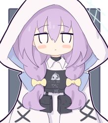 1girl atsuko_(blue_archive) blue_archive bow braid bright_pupils cropped_torso flak_jacket hair_between_eyes hair_bow halo hood hooded_jacket jacket long_hair looking_at_viewer low_twin_braids purple_hair red_eyes sidelocks solo twin_braids umihio upper_body white_hood white_jacket white_pupils yellow_bow