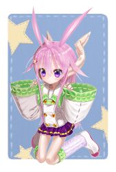 1girl absurdres axiacid closed_mouth collared_shirt commentary_request expressionless full_body hair_between_eyes hair_ears hair_flaps hair_horns hair_ornament hands_up highres huge_ears kneeling long_hair long_pointy_ears long_sidelocks long_sleeves loose_socks multicolored_shoes original pink_hair pink_shoes pleated_skirt pointy_ears purple_eyes purple_skirt purple_socks ribbon-trimmed_socks ribbon_trim shirt shoes short_hair sidelocks skirt sleeves_past_wrists socks solo star_(symbol) star_hair_ornament star_in_eye suzuka_sutera_(axiacid) symbol_in_eye two-tone_shoes very_long_hair white_shirt white_shoes wide_sleeves