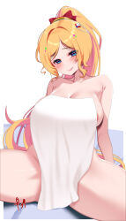Rule 34 | 1girl, absurdres, aki rosenthal, areola slip, blonde hair, blue eyes, bow, breasts, closed mouth, commentary, covering privates, hair bow, head tilt, headgear, high ponytail, highres, hololive, long hair, looking at viewer, nude cover, official alternate hairstyle, parted bangs, ponytail, red bow, simple background, sitting, smile, solo, spread legs, swept bangs, tasty (dudwofla), towel, very long hair, virtual youtuber, white background