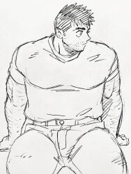 Rule 34 | 1boy, bara, billy russell (dickfish), dickfish (fishismdick), facial hair, feet out of frame, graphite (medium), hairy, highres, large pectorals, looking to the side, male focus, mature male, muscular, muscular male, mustache, original, pectorals, profile, short hair, sideburns, sitting, sketch, solo, thick eyebrows, thick thighs, thighs, traditional media