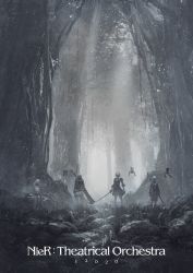 2b_(nier:automata) 2boys 2girls 9s_(nier:automata) black_dress blindfold copyright_name dress emil_(nier) feather-trimmed_sleeves forest grimoire_weiss highres huge_weapon multiple_boys multiple_girls nature nier nier:automata nier_(brother) nier_(brother)_(post_timeskip) nier_(series) official_art pod_(nier:automata) rock scenery short_hair silver_hair sitting square_enix standing sword tree weapon weapon_on_back white_dress yonah