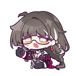 1girl ahoge black_gloves blush braid crying earrings entropy_(honkai_impact_3rd) female_dreamseeker_(honkai_impact) gloves grey_hair honkai_(series) honkai_impact_3rd jewelry long_hair multicolored_hair off_shoulder official_alternate_costume official_art open_mouth semi-rimless_eyewear side_braid streaked_hair