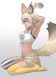 1girl american_flag animal_ear_fluff animal_ears arms_up asymmetrical_legwear bare_shoulders belt black_thighhighs black_undershirt blonde_hair bow bowtie brown_skirt choker commentary coyote_(kemono_friends) crop_top dark-skinned_female dark_skin extra_ears full_body gradient_background gradient_hair grey_background hair_between_eyes highres kemono_friends midriff multicolored_hair navel no_shoes pleated_skirt shirt short_hair sidelocks simple_background sitting skirt sleeveless solo spaghetti_strap stretching striped_clothes striped_thighhighs tail tanabe_(fueisei) thighhighs two-tone_thighhighs vertical-striped_clothes vertical-striped_thighhighs wariza white_belt white_bow white_bowtie white_choker white_hair white_shirt white_thighhighs wolf_ears wolf_girl wolf_tail yellow_thighhighs zettai_ryouiki