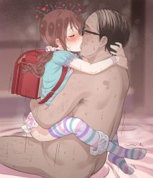1boy 1girl age_difference backpack bag bed_sheet blush bracelet brown_hair closed_eyes clothed_female_nude_male condom fat fat_man feet french_kiss from_side full_body girl_on_top glasses hair_ornament hair_scrunchie heart heisei_retro hetero highres hug idolmaster idolmaster_cinderella_girls implied_sex jewelry jojifuku kiss leg_lock lifting_own_clothes loli long_hair mifune_miyu motion_lines naughty_face neku_oneneko no_shoes nude panties panties_around_leg polka_dot polka_dot_panties profile randoseru red_bag saliva scrunchie sex short_sleeves sitting sitting_on_lap sitting_on_person skirt straddling striped_clothes striped_thighhighs sweat tears thighhighs trembling twintails ugly_bastard underwear upright_straddle