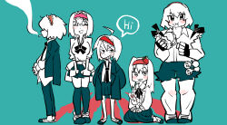 5girls ahoge alice_margatroid blazer blue_theme blush bow bowtie burger cigarette closed_eyes clothes_around_waist collared_shirt commentary_request cookie_(touhou) dumbbell eating fingerless_gloves fluffy_fluffy_rabbit-chan food food-themed_hair_ornament frilled_hairband frills full_body gloves grin hair_between_eyes hair_ornament hairband highres hinase_(cookie) holding holding_burger holding_food ichigo_(cookie) jacket jacket_around_waist jacket_on_shoulders jigen_(cookie) long_skirt looking_at_viewer mary_janes multiple_girls necktie open_clothes open_jacket open_mouth pants pleated_skirt pura_(aiueo256375) red_hairband sakuranbou_(cookie) sharp_teeth shirt shoes short_hair shorts sitting skirt smile smoke smoking spot_color standing strawberry_hair_ornament stuffed_animal stuffed_rabbit stuffed_toy taisa_(cookie) teeth touhou v-shaped_eyebrows