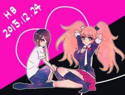 2girls arms_behind_head arms_up ass bear_hair_ornament black_background black_footwear black_hair black_neckwear black_shirt black_skirt blonde_hair blue_eyes blue_shirt blue_skirt blush boots breasts cleavage closed_mouth crossed_legs danganronpa:_trigger_happy_havoc danganronpa_(series) dated ears enoshima_junko eyebrows female_focus freckles full_body gradient_clothes gradient_shirt green_eyes hair_ornament heart high_heel_boots high_heels ikusaba_mukuro knees_up looking_at_viewer multicolored_neckwear multicolored_shirt multicolored_skirt multiple_girls necktie pink_background pleated_skirt purple_shirt purple_skirt red_skirt shirt siblings simple_background sisters sitting skirt smile twins white_neckwear white_shirt