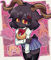 1girl animal_ears black_fur black_hair black_thighhighs blue_skirt body_fur bow bowtie colored_sclera commentary cowboy_shot english_commentary furry furry_female goat_ears goat_girl goat_tail highres horizontal_pupils juliet_sleeves long_sleeves looking_at_viewer original pink_background puffy_sleeves red_bow red_bowtie red_eyes satanmanse school_uniform shirt short_hair skirt standing sweater_vest tearing_up thighhighs white_shirt yellow_sclera