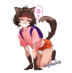 1girl all_fours artist_name backpack bag bead_bracelet beads blunt_bangs bracelet brown_eyes dolphin_shorts dora_marquez dora_the_explorer furrification furry furry_female highres jewelry looking_at_viewer navel one_eye_closed orange_shorts pink_shirt purple_bag shirt short_hair short_sleeves shorts simple_background solo speech_bubble sydus thighs toes twitter_username white_background