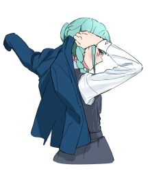 1girl absurdres aqua_hair arm_out_of_sleeve arms_up blue_jacket braid closed_mouth collared_shirt commentary dress dressing expressionless from_behind grey_dress hashtag-only_commentary highres jacket long_sleeves looking_at_viewer love_live! love_live!_superstar!! medium_hair onitsuka_tomari pinafore_dress red_eyes repurika school_uniform shirt sidelocks simple_background sleeveless sleeveless_dress solo twin_braids white_background white_shirt winter_uniform yuigaoka_school_uniform