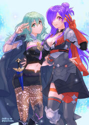 2girls alternate_hair_color armor black_armor bodice breasts bryminoru bustier cape choker choker_jewel cleavage closed_mouth clothing_cutout dagger female_byleth_(enlightened)_(fire_emblem) female_byleth_(fire_emblem) female_shez_(fire_emblem) fire_emblem fire_emblem:_three_houses fire_emblem_warriors:_three_hopes gloves green_eyes green_hair hair_between_eyes hair_bun hair_over_one_eye highres knife lace_pantyhose large_breasts long_hair looking_at_viewer medium_hair midriff multiple_girls navel navel_cutout nintendo official_alternate_hair_color orange_gloves pantyhose pantyhose_under_shorts patterned_legwear print_pantyhose purple_eyes purple_hair shorts single_hair_bun smile thighhighs vambraces w weapon