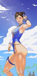 Rule 34 | 1girl, absurdres, beach, blue flower, blue one-piece swimsuit, blue rose, breasts, brown hair, capcom, center opening, chun-li, commentary, cowboy shot, double bun, english commentary, flower, hair bun, hair flower, hair ornament, half-pencil, highres, leg ribbon, looking at viewer, official alternate costume, one-piece swimsuit, ribbon, rose, smile, solo, street fighter, street fighter 6, swimsuit, thigh bow, thigh ribbon, thighs, tree