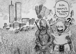 1girl 1other ? ?? absurdres armor braid cape chronozbergh cloak crown_braid drake_&amp;_josh elden_ring english_text field graphite_(medium) greyscale helmet highres holding holding_map jitome looking_at_viewer looking_down map meme monochrome needle_knight_leda new_york_city outdoors own_hands_together photo-referenced reading real_life real_world_location speech_bubble tarnished_(elden_ring) traditional_media upper_body wheat_field where&#039;s_the_door_hole?_(meme) world_trade_center