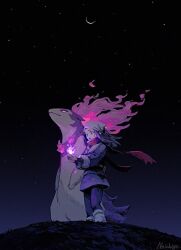 1girl akari_(pokemon) black_hair closed_mouth crescent_moon fire galaxy_expedition_team_survey_corps_uniform headscarf hisuian_typhlosion long_sleeves moon night night_sky nintendo no_ichigo outdoors parted_lips pink_fire pokemon pokemon_(creature) pokemon_legends:_arceus red_scarf scarf signature sky standing star_(sky) starry_sky white_headscarf