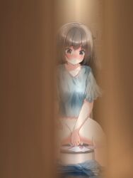 1girl blush bow bow_panties brown_hair clothes_pull denim female_focus jeans long_hair original panties pants pants_pull panty_pull solo tachiinu toilet toilet_paper toilet_use underwear voyeur_pov voyeurism wiping wiping_pussy