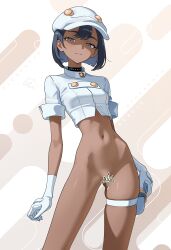 1girl absurdres aether_foundation_employee black_choker black_hair breasts censored choker crop_top dark-skinned_female dark_skin gloves grey_eyes hat highres hip_bones holster looking_at_viewer navel nintendo novelty_censor otokakoto peaked_cap pokemon pokemon_sm short_hair skindentation small_breasts solo stomach thigh_holster thigh_strap white_gloves white_hat