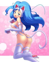 1girl animal_ears animal_hands ass blue_eyes blue_hair breasts cat_ears cat_tail darkstalkers felicia_(darkstalkers) from_behind kasabou long_hair looking_back medium_breasts solo tail very_long_hair white_fur