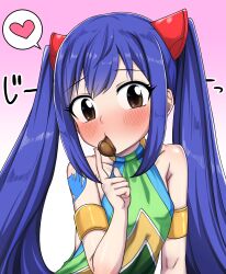 1girl arm_tattoo armlet bare_shoulders blonde_hair blush brown_eyes candy child chocolate chocolate_heart commentary dress fairy_tail fairy_tail_logo food gold_armlet heart heart-shaped_food highres jewelry long_hair looking_at_viewer multicolored_dress pechimaru sidelocks sleeveless sleeveless_dress solo spoken_heart tattoo twintails valentine wendy_marvell