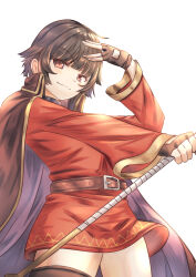 Rule 34 | 1girl, absurdres, belt, black cape, black gloves, black hair, blunt bangs, bo (fguf7327), cape, choker, closed mouth, commentary, cowboy shot, dress, fingerless gloves, gloves, hand on own forehead, hands up, highres, holding, holding staff, kono subarashii sekai ni shukufuku wo!, long sleeves, megumin, red dress, short dress, short hair with long locks, simple background, solo, staff, thighhighs, v-shaped eyebrows, white background, zettai ryouiki