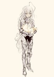 1girl absurdres ahoge alternate_costume animal armor baby_carry bird blush braid carrying couter cuirass feathers full_body gauntlets glowing_animal grey_eyes grey_hair grin hair_ribbon highres holding holding_animal holding_bird hoshi_syoko idolmaster idolmaster_cinderella_girls kiwi_(bird) leggings long_hair looking_at_viewer low-braided_long_hair low-tied_long_hair pauldrons payama poleyn rerebrace ribbon sabaton sharp_teeth shoulder_armor side_braid simple_background smile solo spiked_boots standing teeth vambraces yellow_feathers