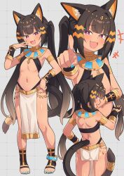1girl ancient_egyptian_clothes animal_ear_fluff animal_ears anklet armlet ass blush bracelet brown_hair cat_ears cat_girl cat_tail crying crying_with_eyes_open eyebrows_hidden_by_hair flat_chest from_behind full_body grey_background highres jewelry laughing long_hair looking_at_viewer looking_back mesugaki multiple_views nail_polish navel open_mouth original pelvic_curtain pointing pointing_at_viewer purple_eyes smile stomach tail tan tears toeless_socks twintails ug_(nekonekodou) usekh_collar very_long_hair