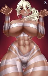 1girl abs absurdres arcedo bandages black_eyes blonde_hair breasts cleavage dark-skinned_female dark_skin gradient_background groin highres mole mole_on_breast mole_under_eye mummy_costume naked_bandage nude original ponytail teeth twitter