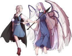 Rule 34 | 2girls, angel wings, apron, barefoot, black cape, blue dress, braid, cape, commission, dress, highres, long hair, long sleeves, looking at another, maid, maid apron, mefomefo, multiple girls, muse (seihou), polearm, puffy short sleeves, puffy sleeves, red eyes, sariel (touhou), seihou, shoes, short hair, short sleeves, simple background, spear, staff, touhou, touhou (pc-98), twin braids, very long hair, waist apron, weapon, white sleeves, white wings, wings