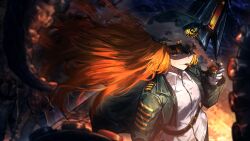 1girl 1other 2boys belt collared_shirt game_cg green_jacket harpoon hat heathcliff_(project_moon) highres holding holding_smoking_pipe ishmael_(project_moon) jacket limbus_company long_hair military_hat military_jacket military_uniform multiple_boys nai_ga ocean official_art orange_hair peaked_cap pipe_in_mouth project_moon rope shirt smoking smoking_pipe solo_focus tentacles wavy_hair white_shirt yi_sang_(project_moon)