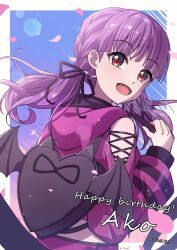 Rule 34 | 1girl, :d, bag, bang dream!, bare shoulders, bat wings, dated, earrings, falling petals, fang, happy birthday, heart, hood, hoodie, jewelry, looking at viewer, open mouth, petals, pink hoodie, purple eyes, red eyes, smile, solo, tamag0zzz, twintails, udagawa ako, wings