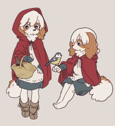 1girl :o animal animal_ears animal_nose animal_on_hand barefoot basket beige_background bird bird_on_hand body_fur boots bottle brown_footwear brown_fur c: cloak closed_mouth commentary cork corked_bottle cross-laced_footwear dog_ears dog_girl dog_tail drawstring english_commentary floppy_ears from_side full_body furrification furry furry_female great_tit grey_background grey_eyes hand_up holding holding_basket hood hood_down hood_up hooded_cloak invisible_chair legs_together little_red_riding_hood_(fairy_tale) little_red_riding_hood_(fairy_tale_character) long_sleeves looking_at_animal looking_at_viewer medium_hair multiple_views profile red_cloak red_hood simple_background sitting sleeves_past_wrists smile snout standing tail tit_(bird) two-tone_fur walking wavy_hair white_fur white_hair yagi_(s1120411)
