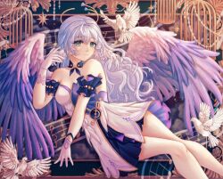 1girl :3 aqua_eyes astra_(aaastraaaa) bare_shoulders beamed_eighth_notes bird birdcage blue_background blue_hair breasts cage choker cloud detached_sleeves dress eighth_note feet_out_of_frame gloves halo halo_behind_head hand_up head_wings highres honkai:_star_rail honkai_(series) jewel_under_eye long_hair looking_at_viewer medium_breasts musical_note musical_staff purple_choker purple_dress purple_sleeves quarter_note robin_(honkai:_star_rail) short_dress short_sleeves sitting solo sparkle strapless strapless_dress treble_clef two-tone_dress white_bird white_dress white_gloves wings yokozuwari
