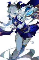 +_+ 1girl asymmetrical_legwear black_horns blue_dress blue_eyes card dress duel_disk fur_trim gloves hair_between_eyes highres holding holding_card horns indie_virtual_youtuber kuno_(runkunochan) long_hair nova_aokami pointy_ears solo tiara uneven_legwear virtual_youtuber white_hair