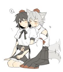 ! 2girls animal_ears bare_shoulders black_hair black_skirt blush closed_eyes closed_mouth detached_sleeves hair_between_eyes hat highres hug hug_from_behind inubashiri_momiji medium_hair multiple_girls one_eye_closed red_eyes sakic43899 shameimaru_aya shirt short_sleeves skirt tail tail_wagging tokin_hat touhou white_background white_hair white_shirt wolf_ears wolf_girl wolf_tail