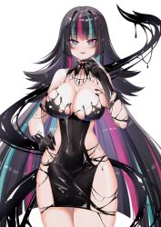 1girl absurdres black_collar black_dress black_gloves black_hair black_liquid blue_eyes blue_hair breasts cleavage collar commission dress emma_llama gloves hand_on_own_hip highres indie_virtual_youtuber ink lacielacie large_breasts liquid_clothes liquid_dress liquid_tail long_hair looking_at_viewer multicolored_eyes multicolored_hair open_mouth pink_eyes pink_hair shiny_skin simple_background solo streaked_hair teeth two-tone_eyes very_long_hair virtual_youtuber white_background