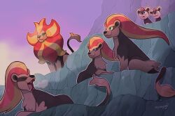 blonde_hair brown_fur closed_eyes day evolutionary_line gen_6_pokemon green_eyes litleo long_hair multicolored_hair nintendo no_humans open_mouth outdoors pokemon pokemon_(creature) pyroar pyroar_(female) pyroar_(male) red_hair sky squeegool tail two-tone_fur two-tone_hair