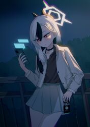 Rule 34 | 1girl, absurdres, against railing, aoore x64, black choker, black hair, black horns, black nails, black shirt, blue archive, can, cellphone, choker, collarbone, commentary, demon horns, drink can, grey jacket, grey skirt, hair between eyes, hair down, halo, highres, holding, holding can, holding phone, horns, jacket, kayoko (blue archive), long hair, long sleeves, looking at phone, night, open clothes, open jacket, outdoors, parted lips, phone, railing, red eyes, shade, shirt, skirt, smartphone, solo, standing, swept bangs, symbol-only commentary