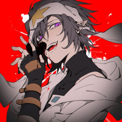 1boy aotu_world asymmetrical_gloves bandana black_gloves black_hair black_shirt chinese_commentary covered_collarbone doppel367 fangs fingerless_gloves gloves hair_between_eyes hands_up headband heart highres holding holding_heart hood hood_down hooded_jacket jacket looking_at_viewer male_focus melting open_mouth pointy_ears purple_eyes ray_(aotu_world) red_background shirt short_hair simple_background sleeveless sleeveless_shirt smile solo star_(symbol) star_print teeth turtleneck upper_body white_gloves white_headband white_jacket