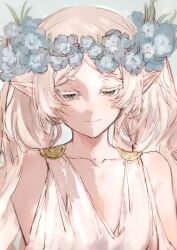 1girl blue_flower closed_mouth dress elf flower frieren green_eyes grey_hair head_wreath highres long_hair moku_(muooku) pointy_ears solo sousou_no_frieren white_dress