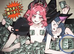 1other 2girls :p ^_^ ahoge arknights arms_up black_hat black_hood black_horns blue_hair blush closed_eyes closed_mouth collarbone commentary covering_privates doctor_(arknights) ermengarde_(arknights) flat_chest gameplay_mechanics hair_over_one_eye hat holding hole_in_chest hole_on_body horns jitome long_hair multiple_girls nude nymph_(arknights) open_mouth pink_eyes pink_hair pointy_ears sparkling_eyes thought_(arknights) tongue tongue_out translation_request upper_body witch_hat yunomi_(yunomi1129)