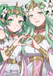 2girls blush breasts commentary_request dress female_focus fire_emblem fire_emblem:_three_houses fire_emblem_heroes flower green_eyes green_hair hair_flower hair_ornament happy heart heart_hands heart_hands_duo highres jewelry large_breasts long_hair matching_hair/eyes mother_and_daughter multiple_girls nintendo official_alternate_costume open_mouth pointy_ears rhea_(aura_of_love)_(fire_emblem) rhea_(fire_emblem) sandals shamu_(peach11_01) smile sothis_(aura_of_love)_(fire_emblem) sothis_(fire_emblem) two_side_up very_long_hair white_dress