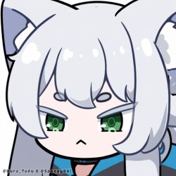 1girl :&lt; anger_vein animal_ear_fluff animal_ears animated animated_gif arknights artist_collaboration black_jacket blinking blush cat_ears closed_mouth colored_eyelashes commentary english_commentary green_eyes grey_hair jacket kurotofu long_hair nose_blush rosmontis_(arknights) shaded_face short_eyebrows simple_background solo speedyb0i thick_eyebrows twitter_username upper_body white_background