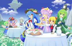 Rule 34 | 6+girls, apron, ascot, black hat, black skirt, black vest, blonde hair, blue dress, blue eyes, blue hair, blue skirt, blue sky, bow, bowtie, braid, breasts, capelet, center frills, closed eyes, closed mouth, cloud, collared shirt, commentary request, crescent, crescent hat ornament, cup, daiyousei, day, dress, drinking glass, eating, fairy, fairy wings, flower, food, frilled capelet, frilled shawl, frilled skirt, frills, fruit, ghost tail, green bow, green dress, green eyes, green hair, grey hair, hagoromo, hair bow, hair ribbon, hand on own hip, hat, hat bow, hat ornament, highres, hinanawi tenshi, holding, holding cup, holding knife, izayoi sakuya, knife, leaf, leaf hat ornament, long hair, long sleeves, maid, maid headdress, mob cap, multiple girls, nagae iku, ofuda, ofuda on clothes, one eye closed, open mouth, outdoors, patchouli knowledge, peach, peach hat ornament, peach slice, pink capelet, pink dress, pink hat, pitcher (container), plate, puffy short sleeves, puffy sleeves, purple hair, rainbow order, red ascot, red bow, red bowtie, red eyes, red ribbon, ribbon, rumia, shawl, shirt, short sleeves, sitting, skirt, skirt set, sky, smile, soga no tojiko, striped clothes, striped dress, sweatdrop, table, tate eboshi, touhou, tree, twin braids, vertical-striped clothes, vertical-striped dress, very long hair, vest, waist apron, white apron, white flower, white shirt, wine glass, wings, yellow ascot, yellow bow, yellow bowtie, yoruniwa