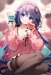 1girl :p absurdres black_ribbon female_focus hair_ribbon happy_birthday heart heart-shaped_pillow highres indoors kurone_(suimya) long_hair looking_at_viewer pillow pink_sweater purple_eyes purple_hair red_ribbon ribbon sitting solo striped_ribbon suimya sweater tagme tongue tongue_out